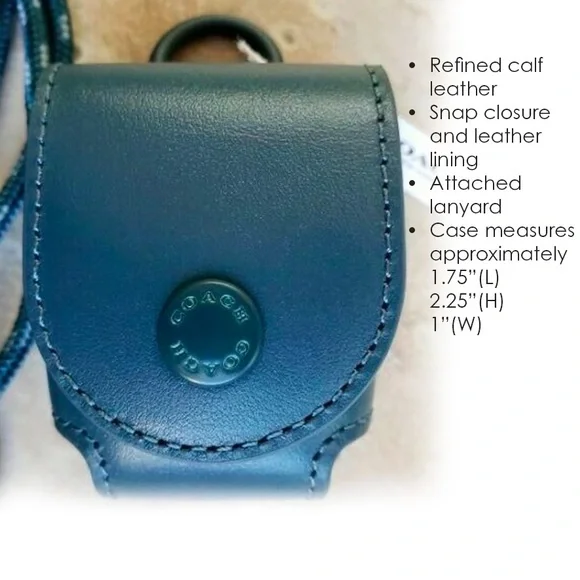 Coach Reef Blue Leather 𝐍𝐖𝐓 Earbud Case with Lanyard strap - Picture 2 of 9